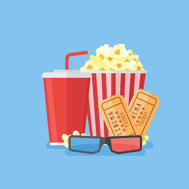 Movie poster template. Popcorn, soda takeaway, 3d cinema glasses and tickets. Cinema design in flat style. Vector illustration.