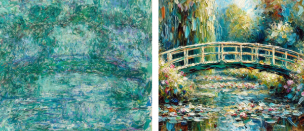 Claude Monet's "Le pont japonais" (left) next to an AI generated painting (right).