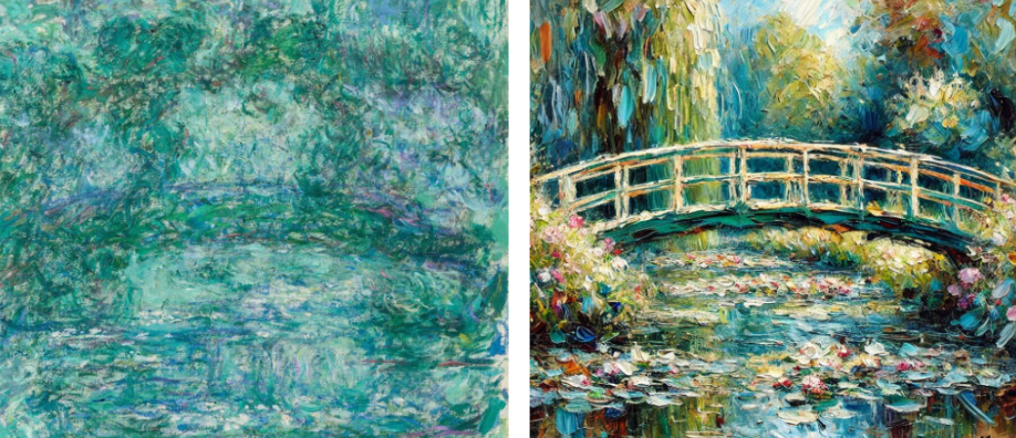 Claude Monet's "Le pont japonais" (left) next to an AI generated painting (right).